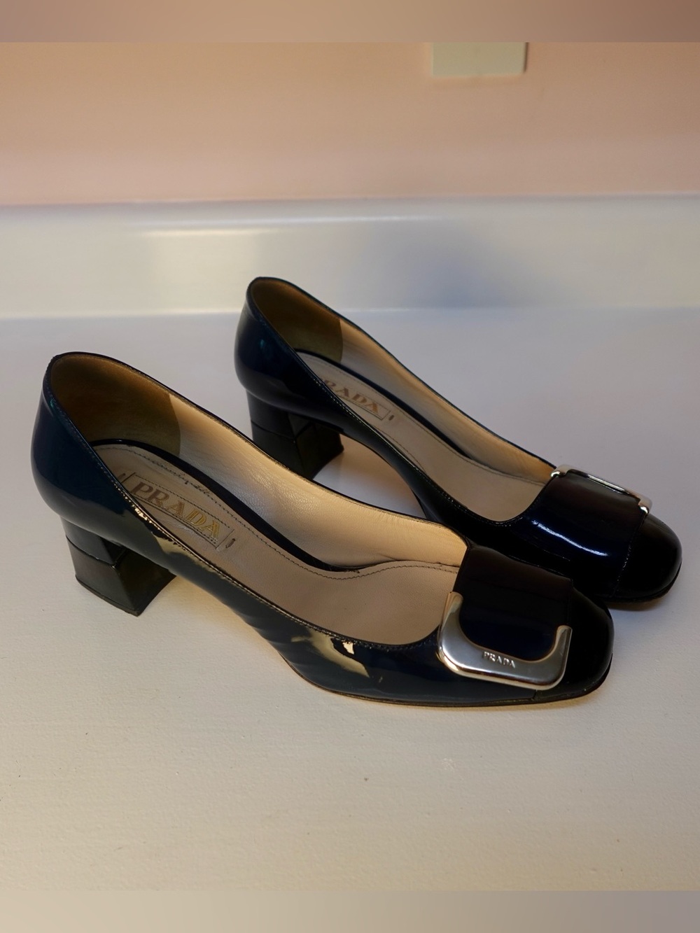 Authentic Vintage Prada Patent Leather color block Navy and Black Square Toe